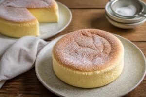 Japońskie ciasto chmurka – puszysty japoński sernik soufflé w formie okrągłej, posypany cukrem pudrem, widziany z góry