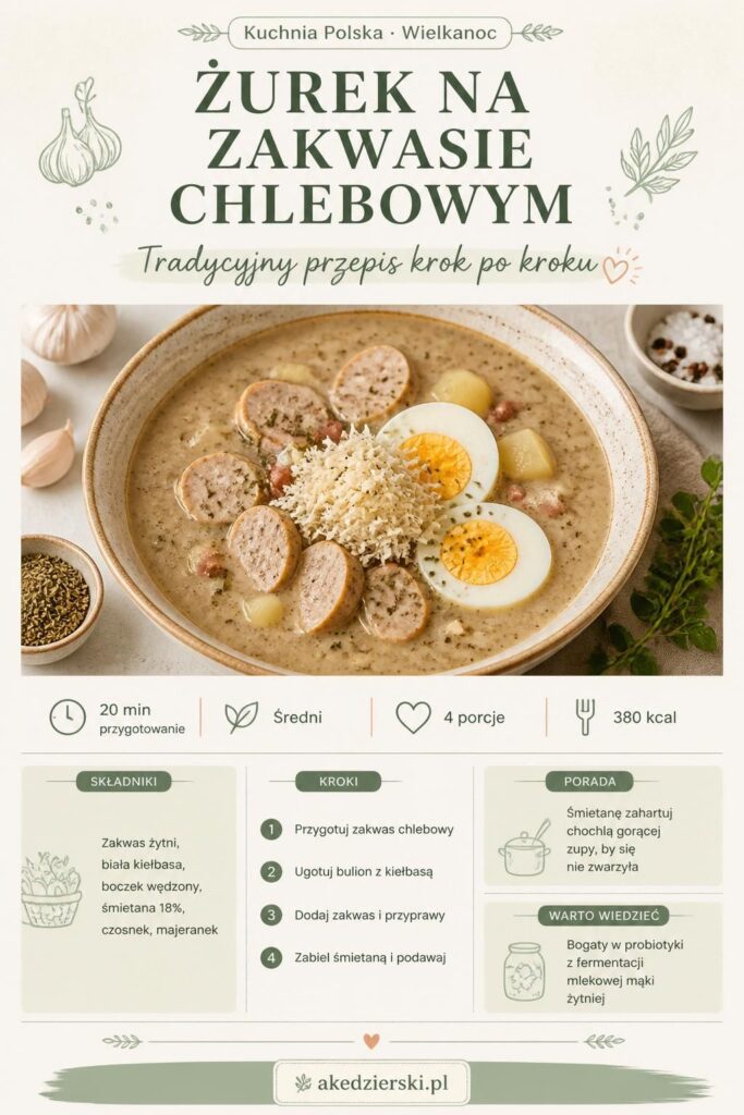 Żurek wielkanocny na zakwasie chlebowym – infografika z przepisem krok po kroku