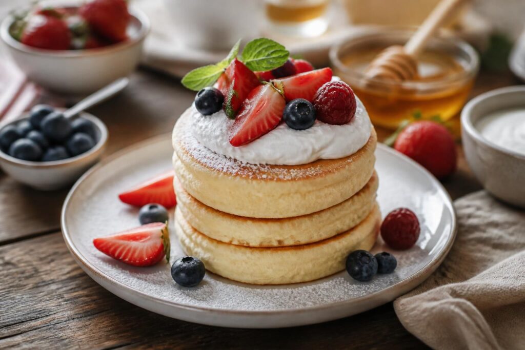 Japoński suflet pancake (deser chmurka) – dwa puszyste, wysokie placuszki na białym talerzu posypane cukrem pudrem, z truskawkami i syropem klonowym