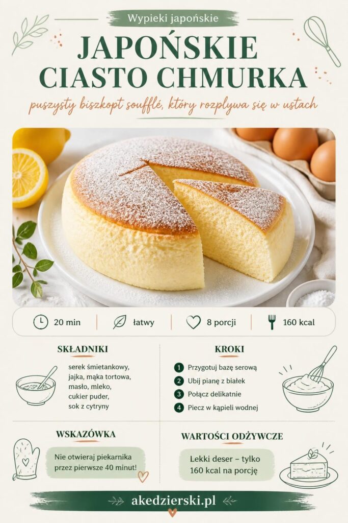 Japońskie ciasto chmurka – puszysty biszkopt soufflé, posypany cukrem pudrem, przepis krok po kroku