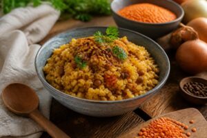Miska kiczeri – tradycyjne danie ajurwedyjskie z ryżem basmati, fasolką mung i przyprawami, podane z kolendrą i ghee