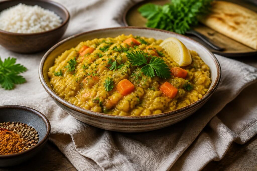 Miska kiczeri z ryżu basmati i fasolki mung dal, podana z kurkumą, imbirem i masłem ghee – tradycyjny przepis ajurwedyjski