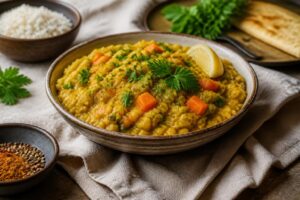 Miska kiczeri z ryżu basmati i fasolki mung dal, podana z kurkumą, imbirem i masłem ghee – tradycyjny przepis ajurwedyjski