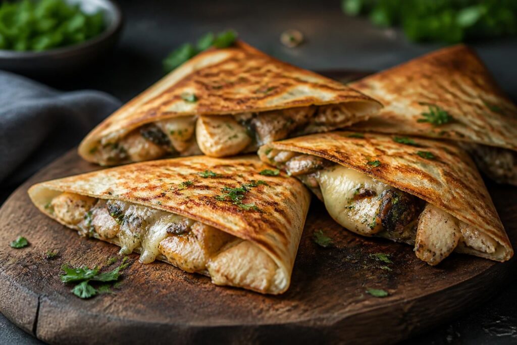 Trójkątne tortille z kurczakiem, pieczarkami i serem mozzarella.