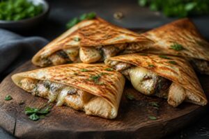 Trójkątne tortille z kurczakiem, pieczarkami i serem mozzarella.