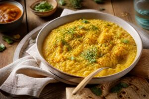 Miska kremowego kicheri z soczewicy czerwonej i ryżu basmati, posypana świeżą kolendrą i podana z łyżką masła ghee, na drewnianym blacie