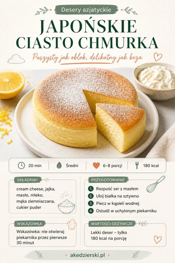 Japońskie ciasto chmurka – przepis krok po kroku, puszysty suflet sernikowy posypany cukrem pudrem